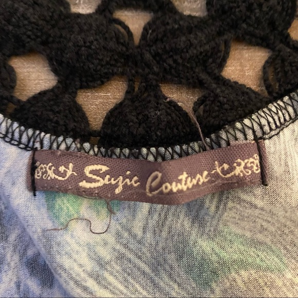 SUZIE COUTURE Short Sleeve Blouse Peacock Python Blue Green Crochet Size Small - Picture 9 of 9